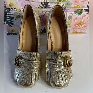 Designer inspired GG Gold Block Heels with Metallic Finish